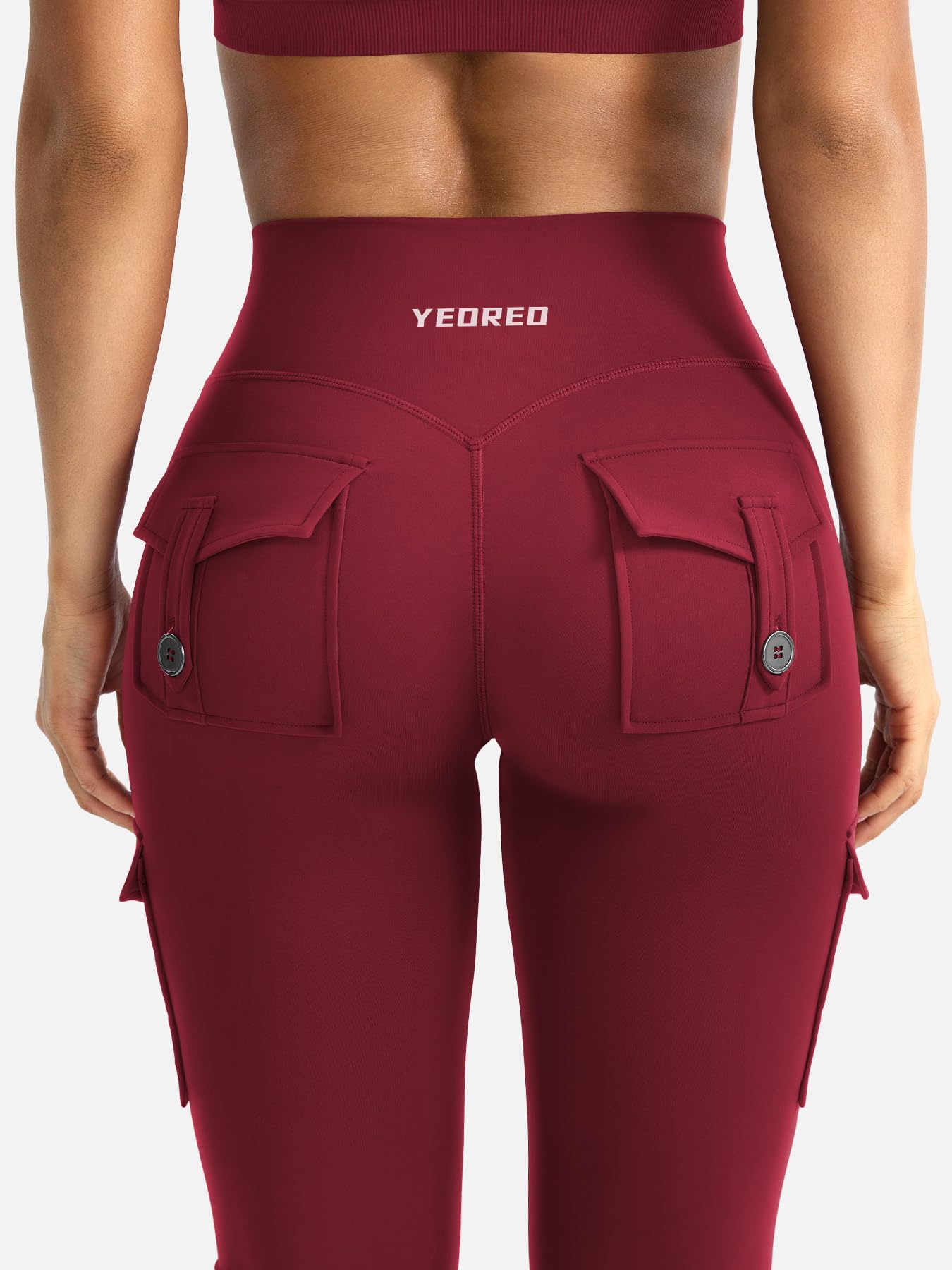 YEOREO CoreFlex Women Workout Flare Leggings with Pockets Hidden Scrunch Cargo Gym Yoga No Front Seam Leggings Wine S