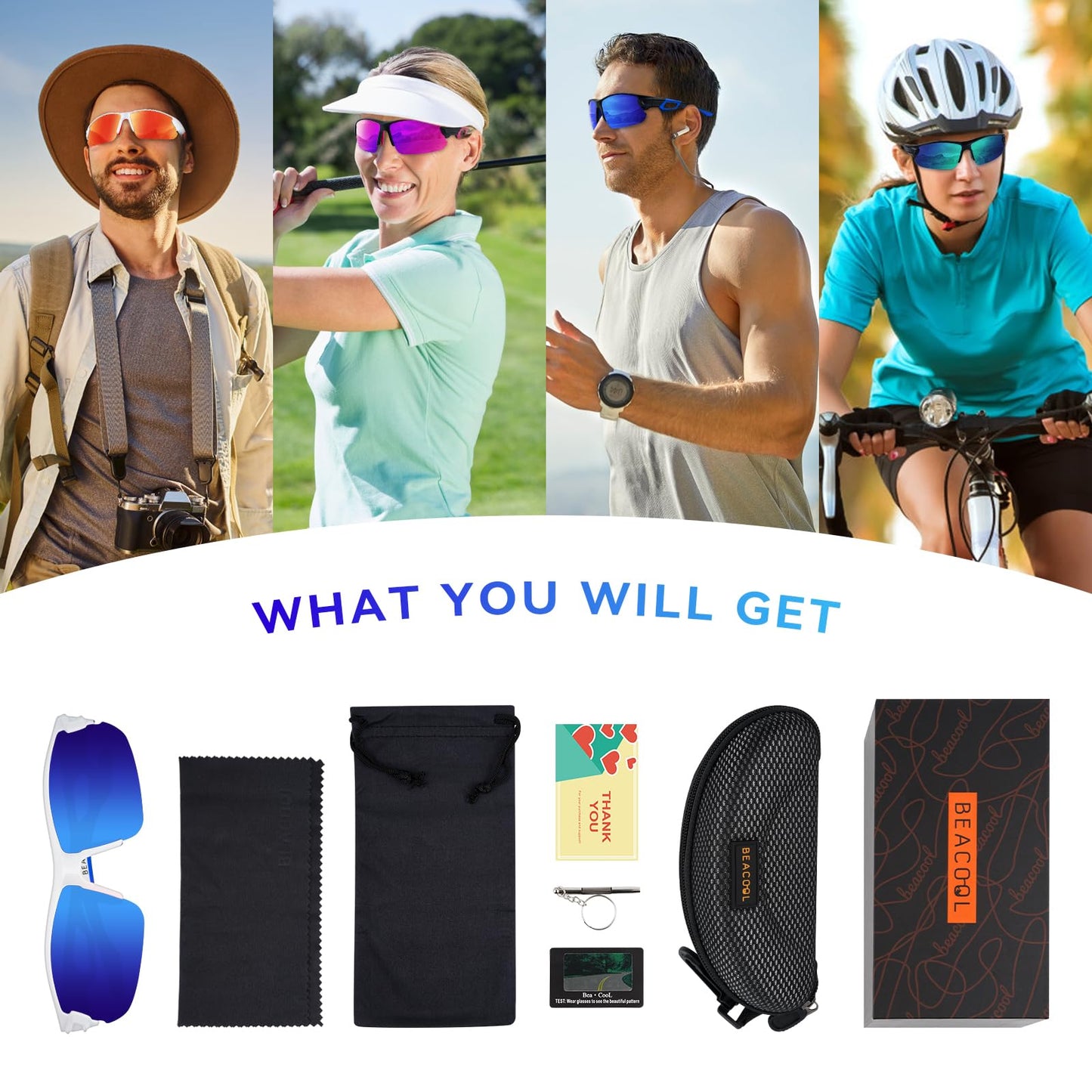 BEACOOL Polarized Sports Sunglasses for Men Women Youth Baseball Fishing Cycling Running Golf Motorcycle Tac Glasses UV400 (GlossyWhite Blue)
