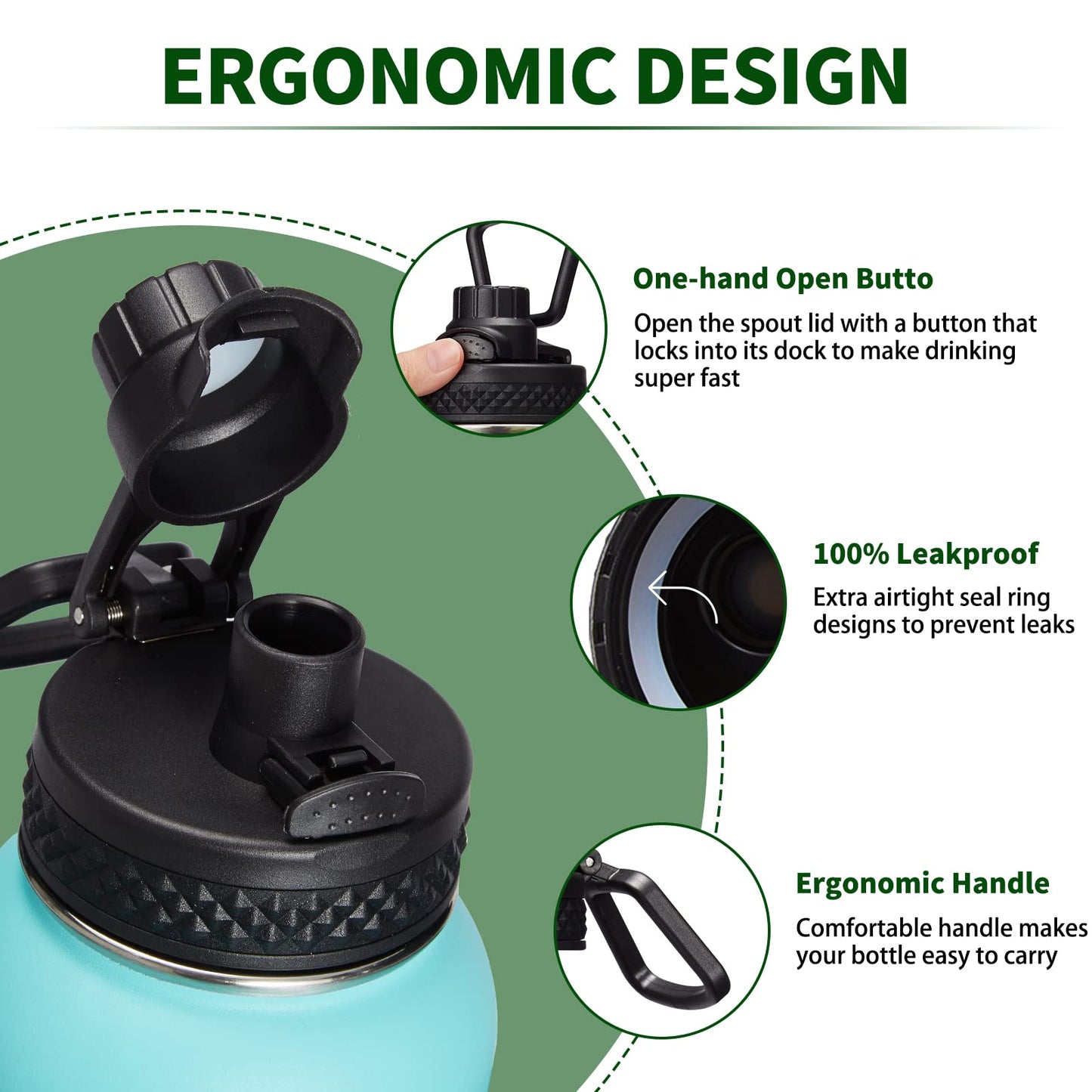 Auto Spout Lid for Water Bottles - VICKNIY Replacement Wide Mouth Flip Lid Fit 32 40 64 128 oz Insulated Water Bottle, Sturdy Water Bottles Chug Lid with Handle