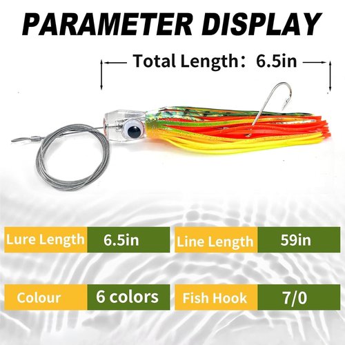YOTO Trolling Lure Saltwater,6.5 inch 6 pcs Squid Skirted Deep Sea Fishing Lure kit,Tuna,Marlin,Wahoo,Shark,Mahi Trolling Fishing Lures