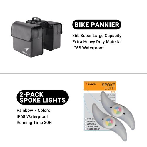 Himiway 12 in 1 Bicycle Accessories Gift Pack Include Bike Lock/Bag/Phone Holder/Speaker/Water Bottle Holder/Pump/Headlight/Taillight with Alarm/Cover/Basket/Spoke Light/Mirrors