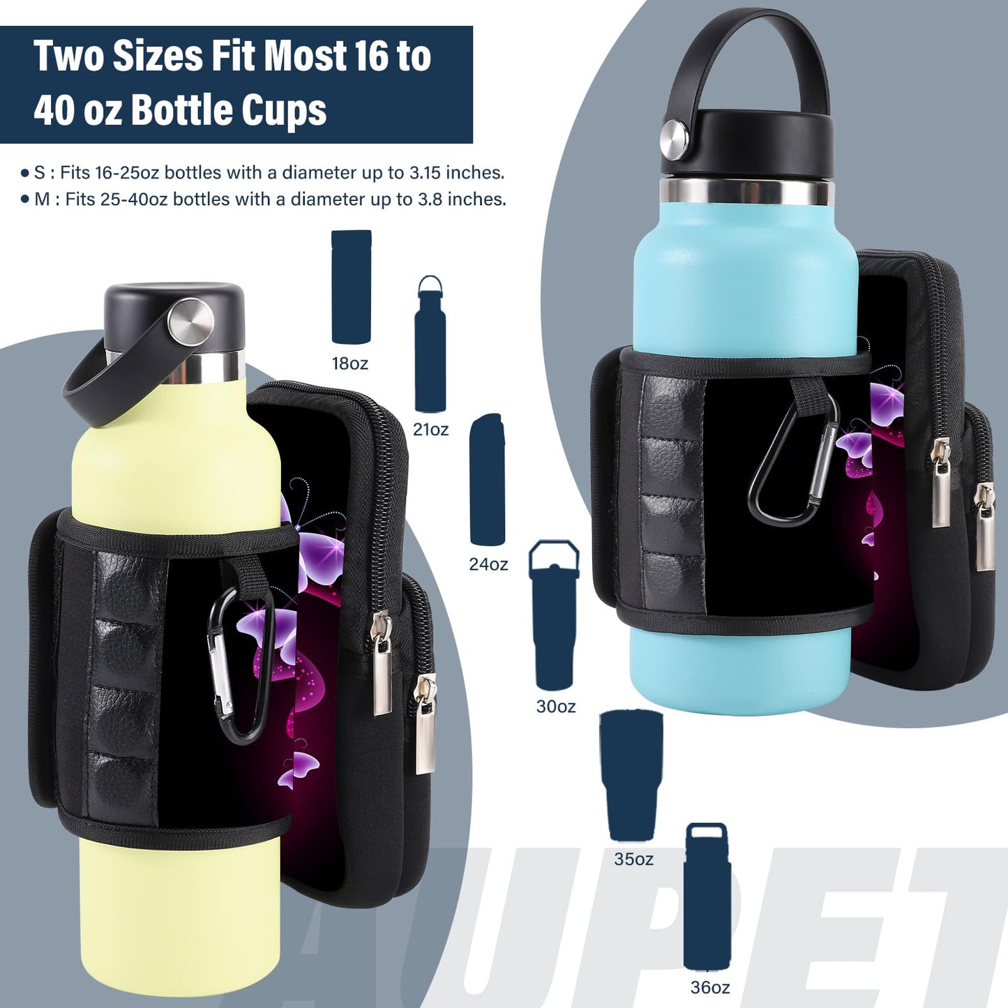 AUPET Magnetic Gym Water Bottle Holder - Gym accessories for men Women,Magnet Bottle Cup Carrier Phone Bag Sleeve Pouch Purse (Purple Butterfly, S(fit 16-25oz bottle))