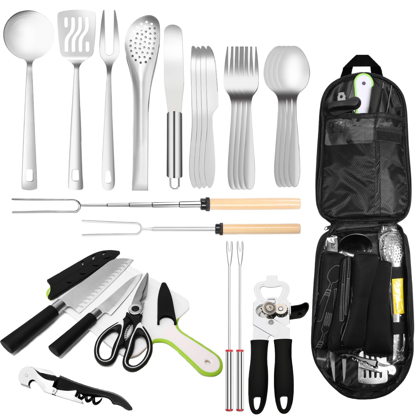 AOFUXTI Camping Cooking Utensils Set - Camping Kitchen Equipment, Compact and Portable Camper Accessories, Perfect for Travel, Picnic, RV, Camping, BBQ, Party (27pcs-Black)