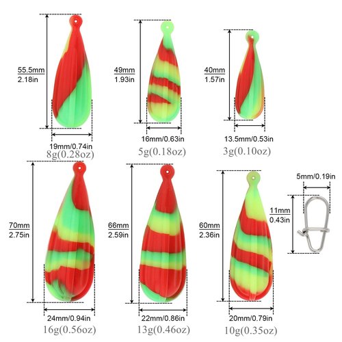 Conskyee Fishing Practice Plugs, 6Pcs Luminous Silicone Bait Casting Plug, Kids Training Lure, Fishing Sinker Weight Molds for Improving Casting Skills, 1/9oz, 1/5oz, 2/7oz, 3/8oz, 1/2oz, 3/5oz