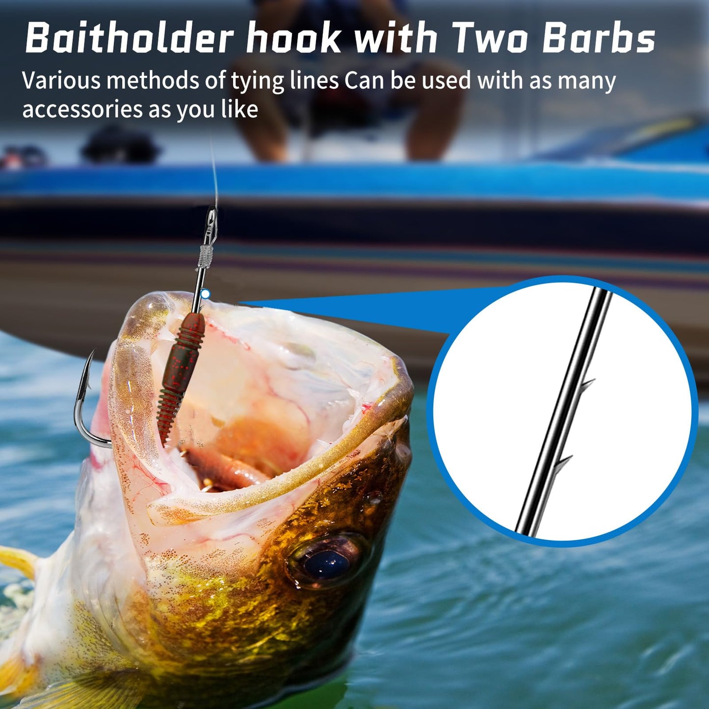 FishTrip Baitholder Hooks Fishing Offset- 100pcs Bait Holder Fish Hook Double Barbed/Long Shank/Closed Eye/Black for Fishing Rigs Freshwater Saltwater 12#