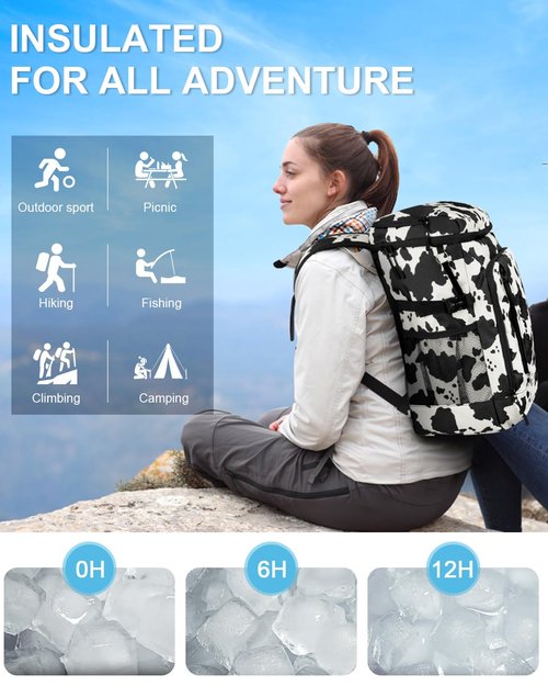 Capolo Cooler Backpack Insulated Waterproof for Women Men, Leak Proof Thermal Bag Soft Travel Cooler Portable Ice Chest Lunch Backpack for Camping Picnic (Cow Print, 36 Cans)