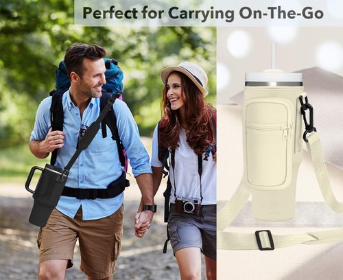 Momocici Cup Holder Carrier Bag with Strap and Pouch for Stanley Quencher 40oz Tumbler. Cup Crossbody Holder Bag Compatible with Stanley Cup for Hiking Travelling Camping.(Cream)