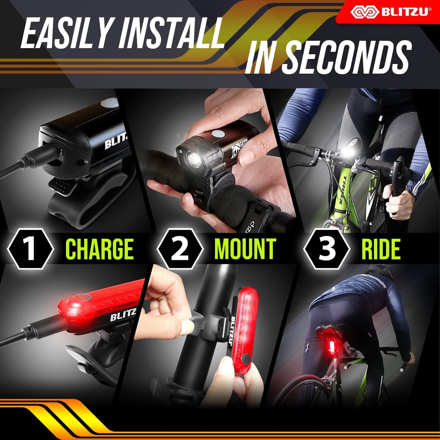 Super Bright USB-C Rechargeable Bike Light Set - Waterproof Front & Rear Safety Lights for Night Riding