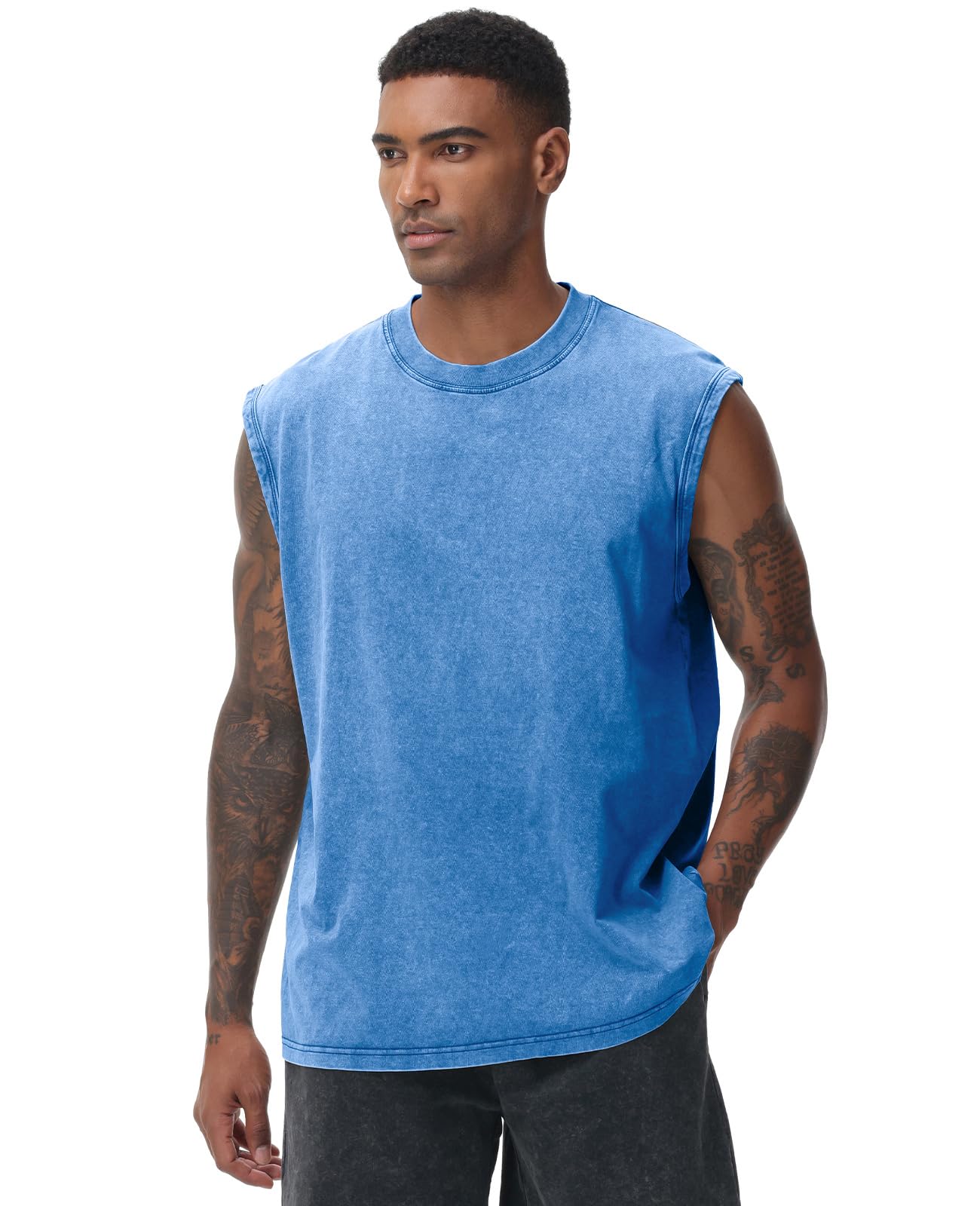 SnowElve 3 Pack Mens Workout Tank Tops Sleeveless Tee Shirts Men Muscle Shirt Gym Acid Wash T Shirts Running Beach Loose Fit Tee(BUGYBK,3XL)