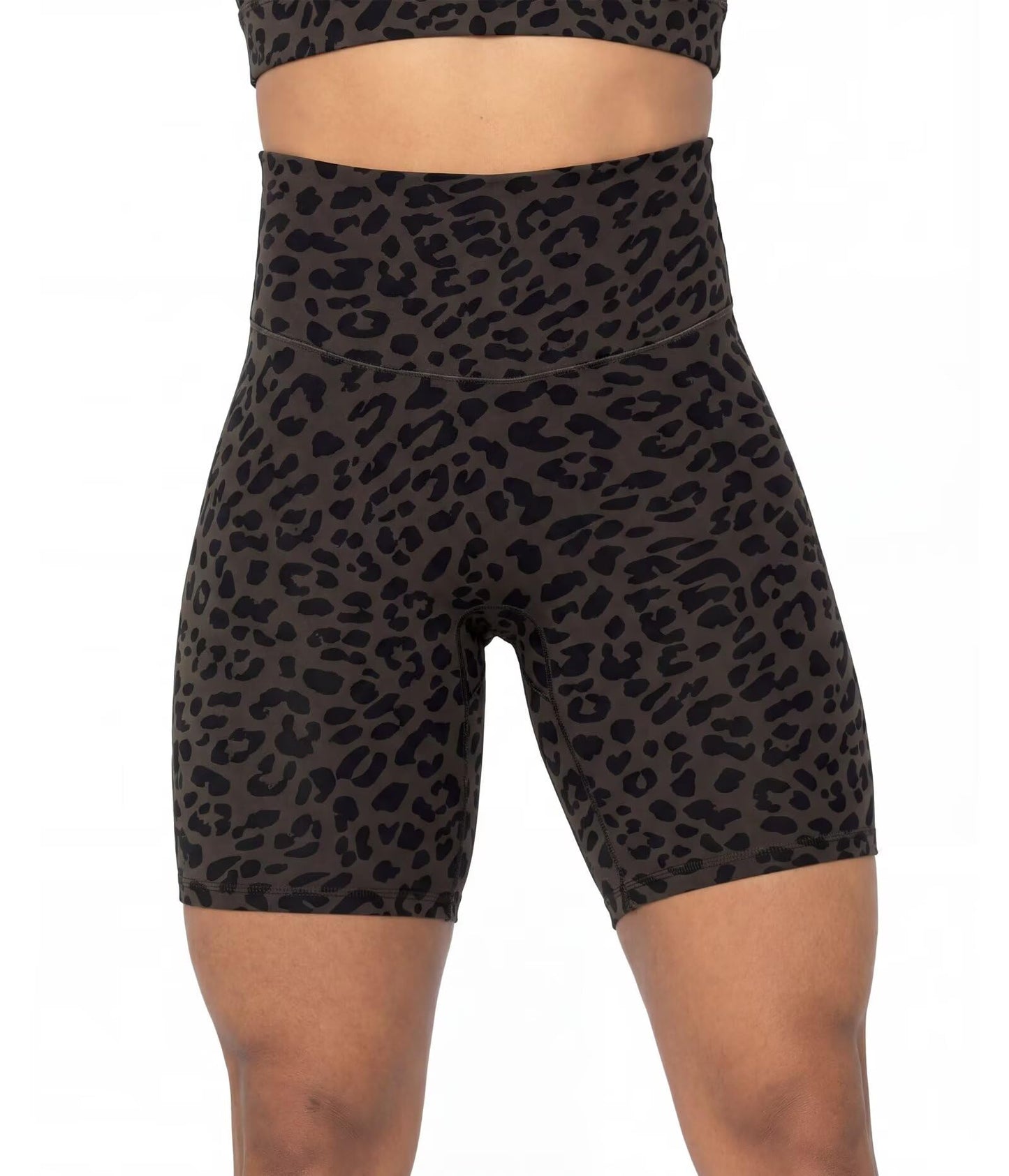 Sunzel 8" Waist Biker Shorts for Women No Front Seam Soft Yoga Workout Gym Bike Shorts Tummy Control Squat Proof Leopard Seal Brown X-Small