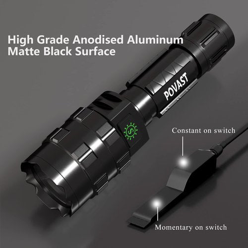 POVAST Picatinny Flashlight, LED Tactical Flashlight Rifle Rail Light with Pressure Switch, 3000 Lumens Waterproof Light, 5 Mode USB Rechargeable Flashlight for Hunting, Matte Black