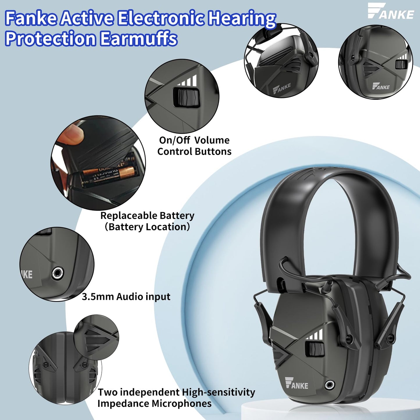 Fanke Electronic Ear Protection for Gun Range Dynamic Sound Monitoring Slim Foldable Active Headphones NRR 22dB