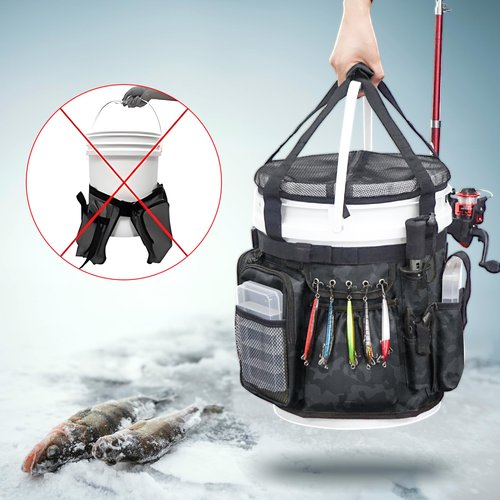 WTVIDAS Fishing Bucket Organizer with Top Cover, Ice Fishing Tackle Bag with Rod & Plier Holder, Multi-Pockets for 5 Gallon Bucket Fish Gear & Accessories