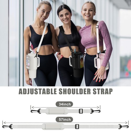 Water Bottle Holder with Strap for Stanley 40oz Tumbler with Handle, Water Bottle Carrier Bag with Phone Pocket, 2 Straw Covers, 6 Silicone Spill Proof Stopper for Stanley Cup Accessories(Cream)