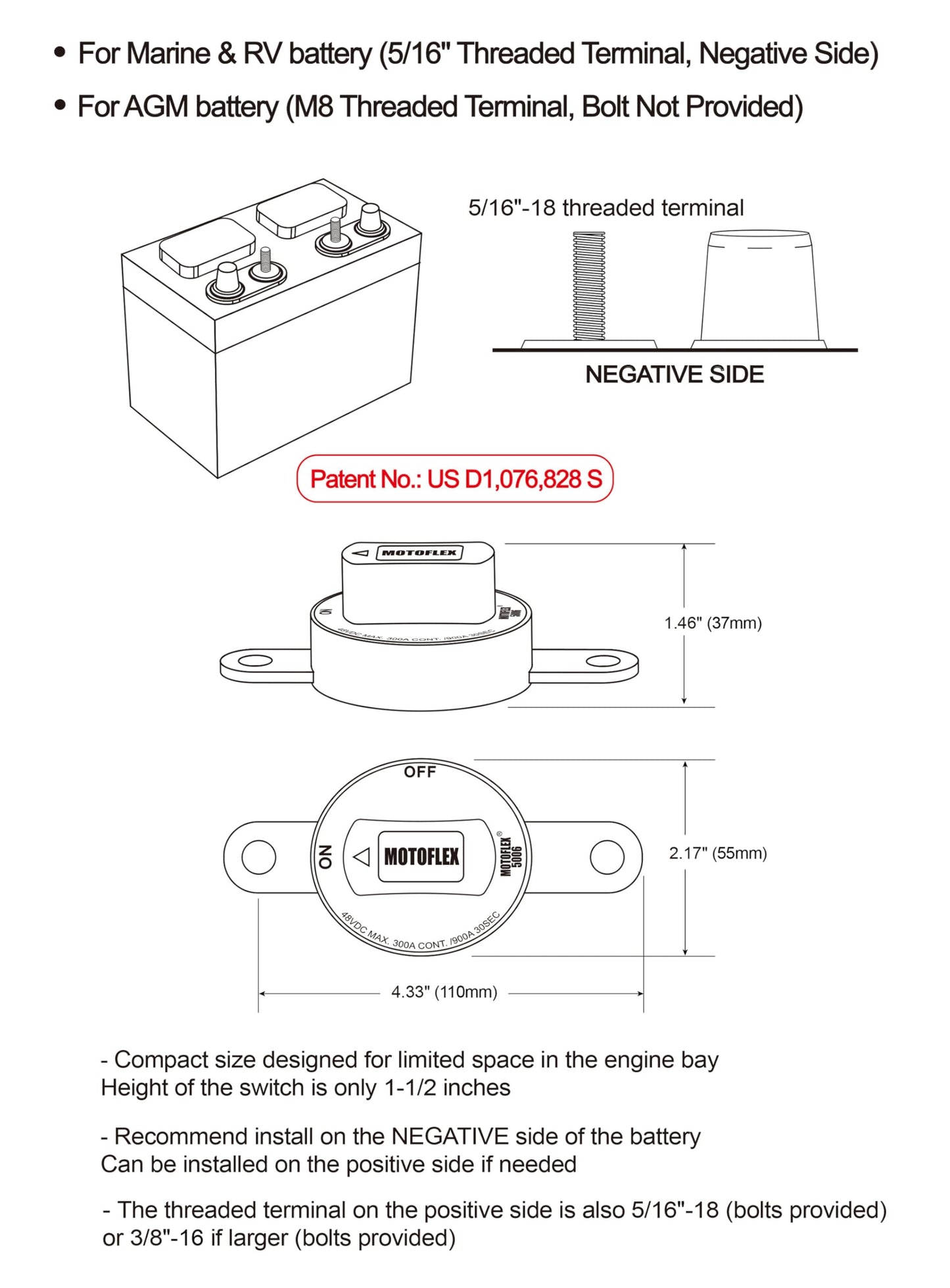 ON/Off Battery Disconnect Switch 12V-48V 300A Side Post Battery Disconnect GM Car Truck, Marine Boat RV Trailer Golf Cart Heavy Duty Battery Kill Switch (Corrosion-Resistance, Removable Knob)