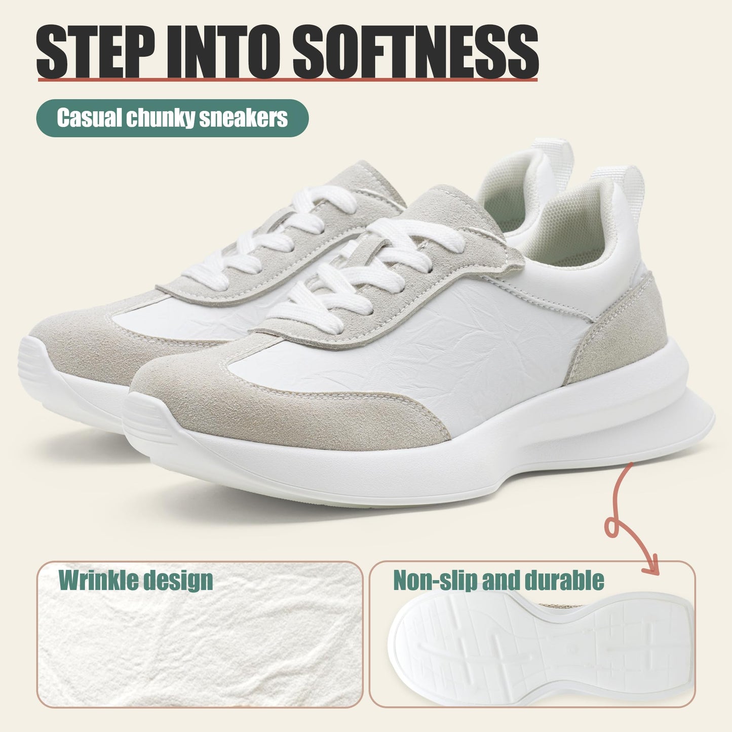 Vepose Women's White Grey Lightweight Platform Sneakers Chunky Casual Tennis Shoes, Memory Foam Non Slip, Suede Pu Lace Up, Everyday Walking Travel Office Size 8.5(CJY8216 White Grey 08.5)