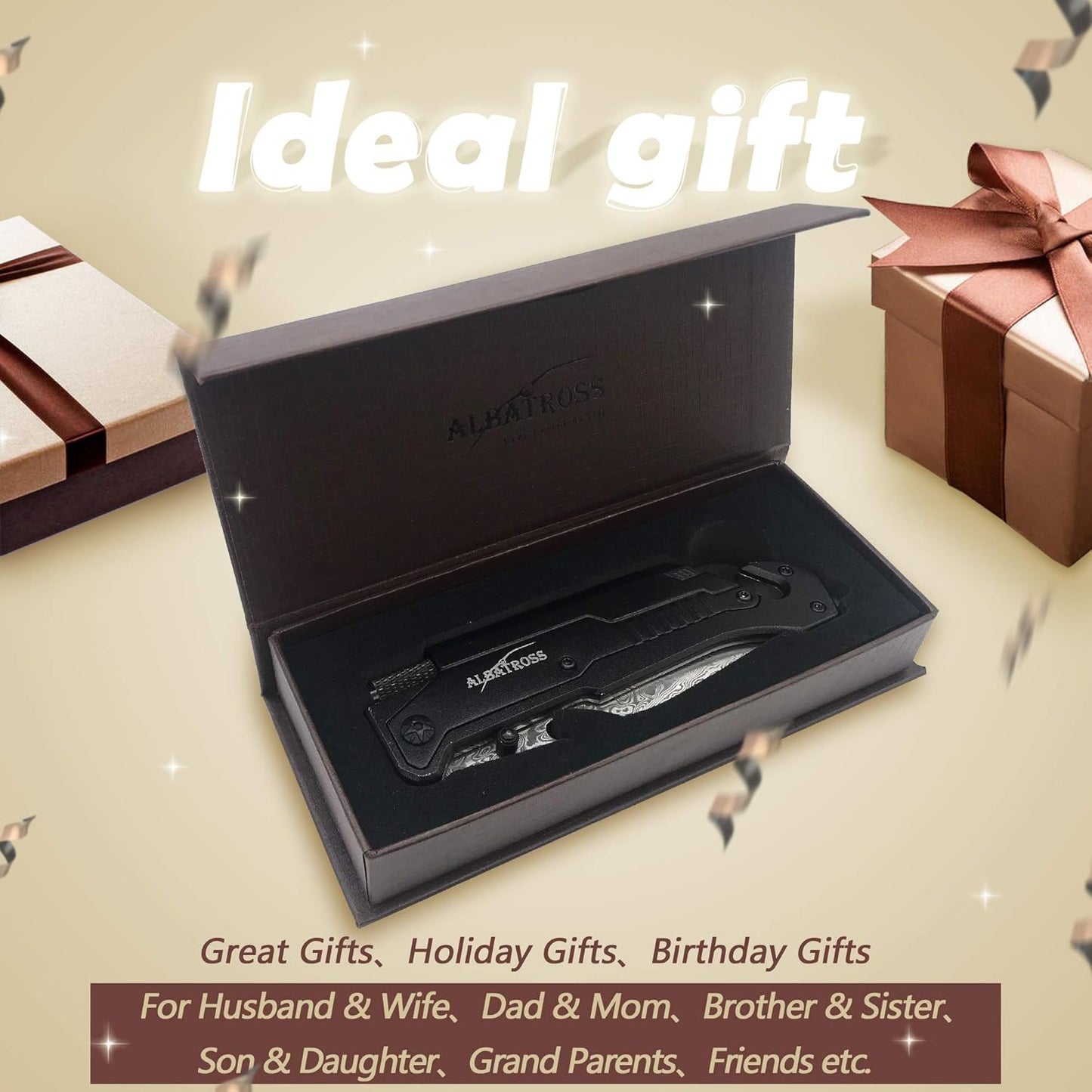 ALBATROSS 6-in-1 Survival Tactical Military Folding Pocket Knives with LED Light,Seatbelt Cutter,Glass Breaker,Magnesium Fire Starter,Bottle Opener;Multi-Function Emergency Tool(Black)