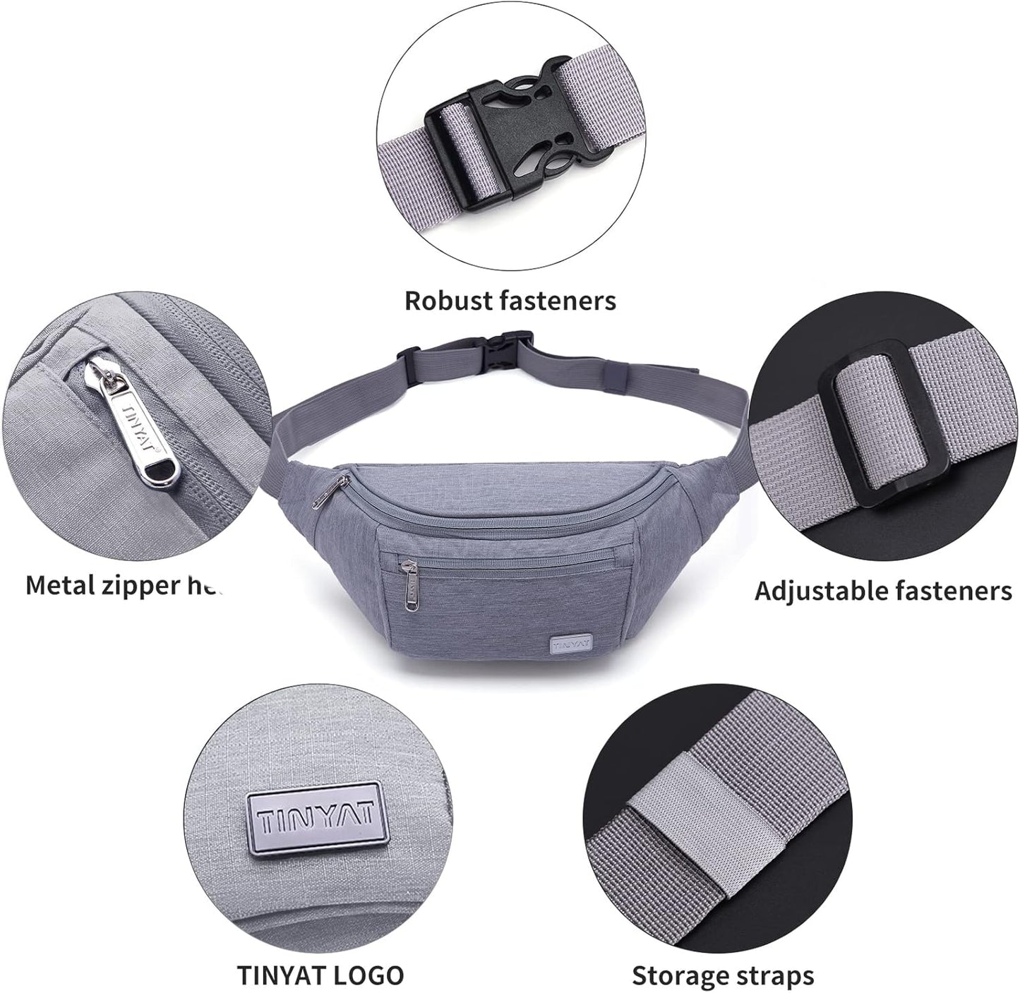 TINYAT Large Fanny Pack Travel Waist Bag Lightweight for Men&Women with Adjustable Strap T206 Blue