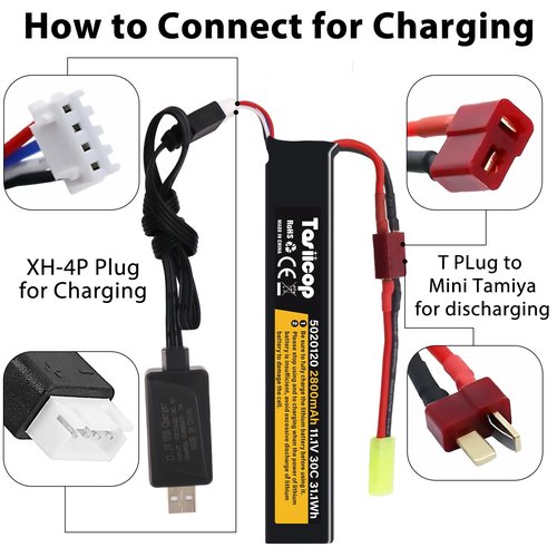 Tosiicop 11.1V Airsoft Battery 2800mAh - Lipo Batteries 30C & XH-4P Connector with T Plug to Mini Tamiya Conversion Cable Rechargeable USB Charger for Airsoft Model Rifle Gel Blaster Accessories