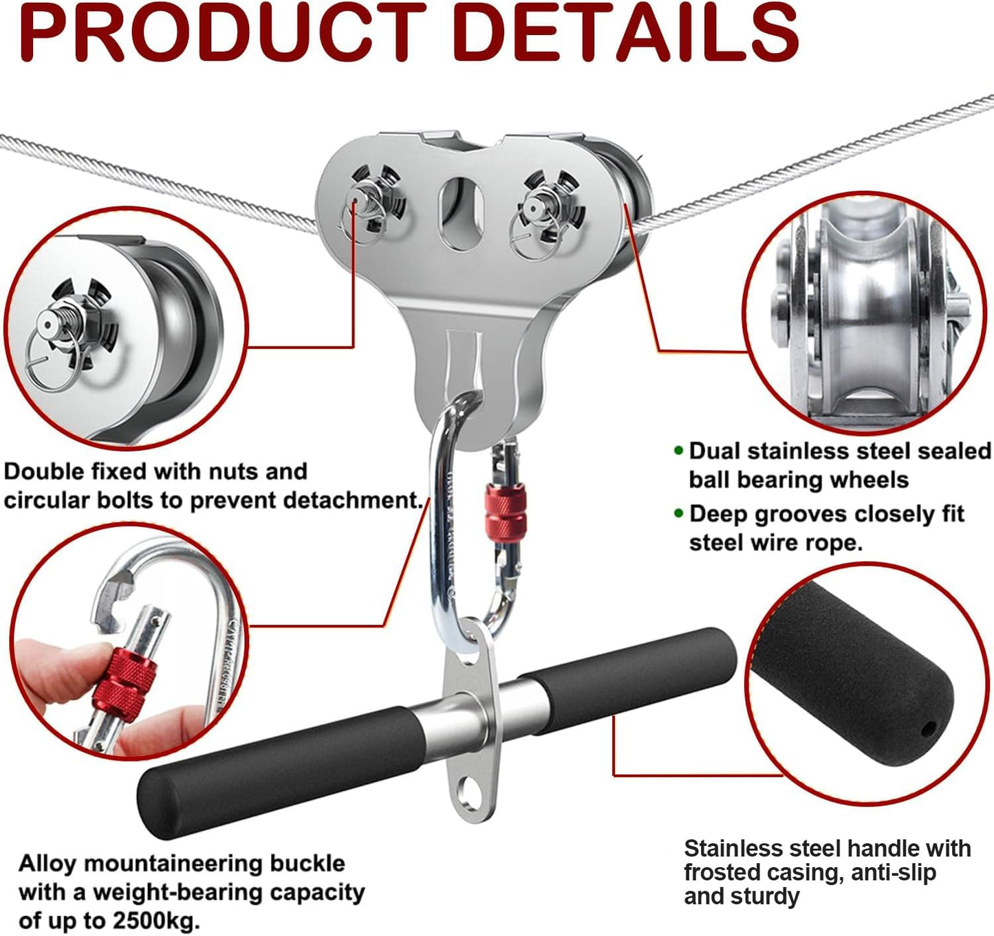 Fologtoo Zipline Pulley, Heavy Duty 304 Stainless Steel Zipline Trolley with Handle for 1/4" to 3/8" Cable, Tandem Speed Double Pulley for Backyard Zip Line, Hauling, Rigging and Commercial Purposes