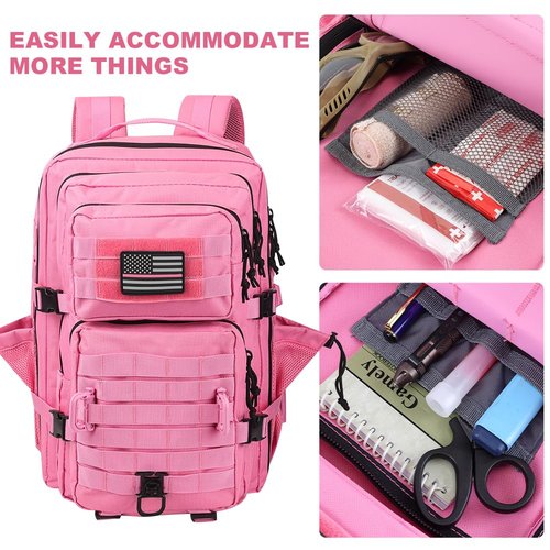 Hannibal Tactical 45L MOLLE Assault Backpack, Tactical Backpack Military Army Camping Rucksack with Bottle Holder, 3-Day Pack Trip w/USA Flag Patch, D-Rings, Pink