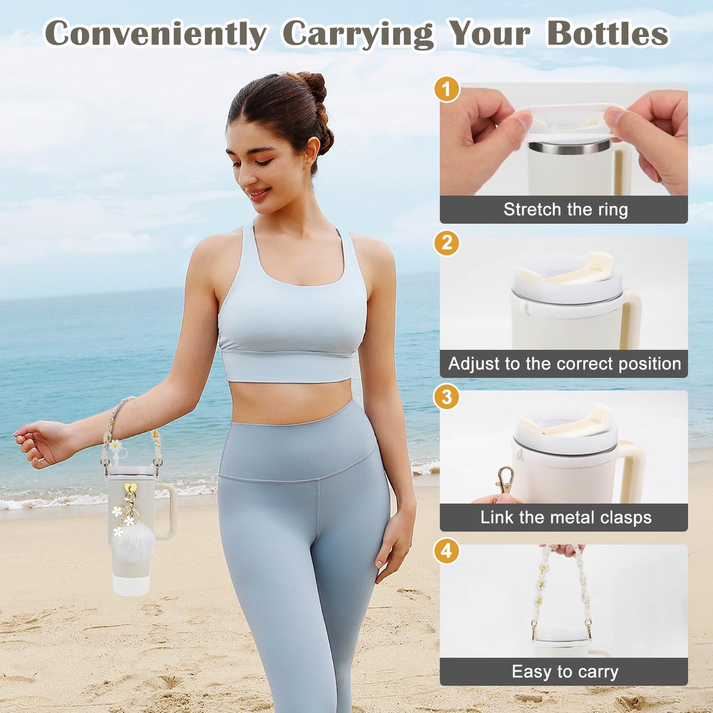 Gestarich 7PCS Stanley Cup Accessories, White Silicone Tumbler Accessories for 30/40oz Stanley Tumbler, Including Straw Cover, Boot, Hand Strap, 4 Pcs Charms