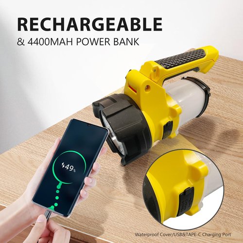 LONLEEYU 3-in-1 Rechargeable Spotlight, 6 Modes Rechargeable Handheld LED Spotlight Flashlight, Portable Power Camping Light, IP65 Waterproof Suitable for Emergency Hiking and Work