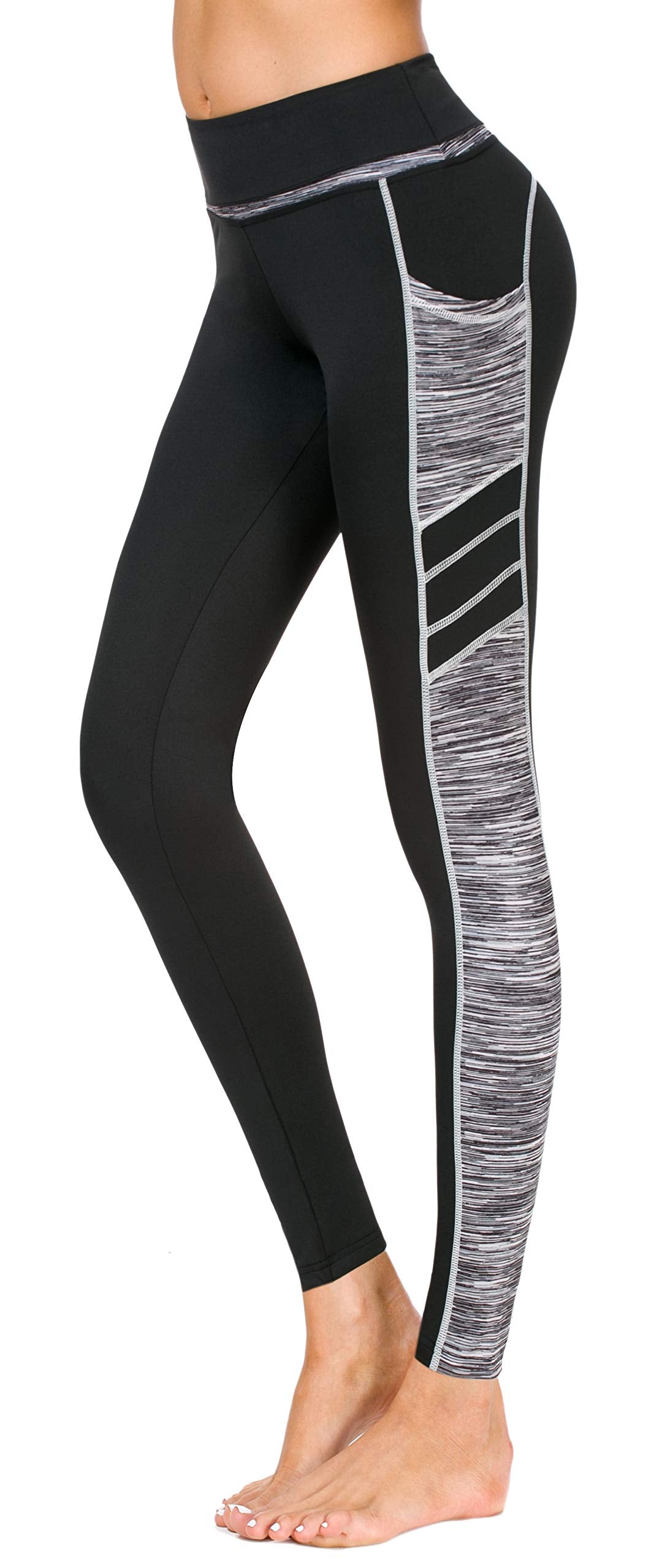 Sugar Pocket Women's High Waist Yoga Leggings Tummy Control Workout Running Pants with Side Pockets LS(Black/Grey)