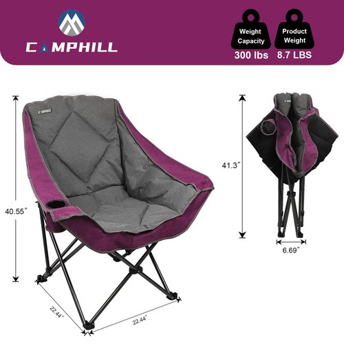 CAMPHILL Folding Camping Chair,Oversized Portable Camping Chair with Cup Holder,Heavy Duty Padded Lawn Chair for Camping, Tailgates, Beach, and Sports
