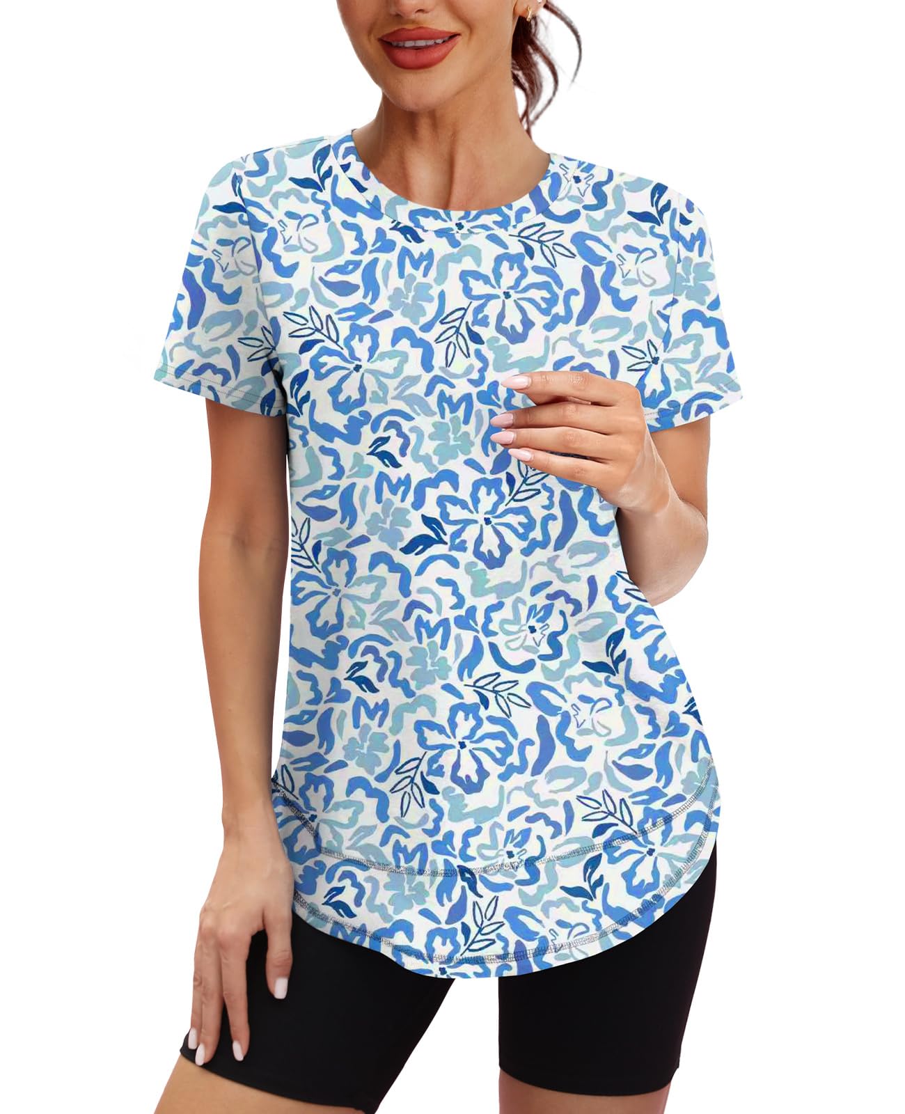 Spring Summer Tops for Women Short Sleeve Hiking Shirts Athleisure Golf Shirt Beach Fashion Curved Hem Loose Fit Blue XXL