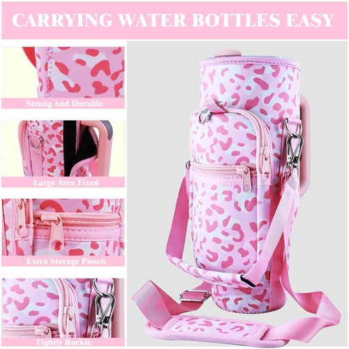 MENGSOOD Water Bottle Carrier Bag with Phone Pocket for Stanley 30 oz Tumbler with Handle,Pink leopard Water Bottle Holder with Adjustable Strap Compatible with Stanley Cup Accessories (Leopard Pink)