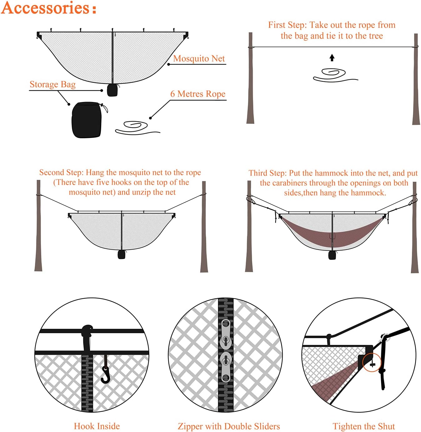 ALUCKY Hammock Net Camping Mosquito Net, No See Ums & Repels Insect, Polyester Netting for 360 Degree Protection, Double Sided Zipper for Easy Access Fits for All Camping Hammocks(Black)