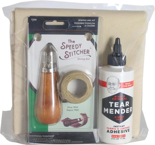 Complete Repair Kit for Canvas Tents, Pop-Up Campers, Tarps, Marine and Boat Covers | with 6oz Tear Mender Glue, Speedy Stitcher Sewing Awl/Needles, Over 6 Sq Ft of Canvas and 30 Yards of Waxed Thread