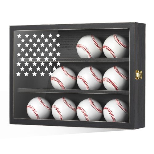 Retro Baseball Display Case Holds 12 Balls, 11"x16" Baseball Storage Box with HD Acrylic Glass, Wall Mount Baseball Ball Holder Stand with Flag for Collectors and Autographed Balls