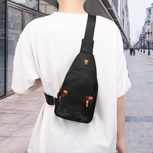 MOSISO Small Sling Backpack Crossbody Sling Bag, Lightweight Hiking Daypack Shoulder Chest Bag with Camouflage Front Pocket, Black