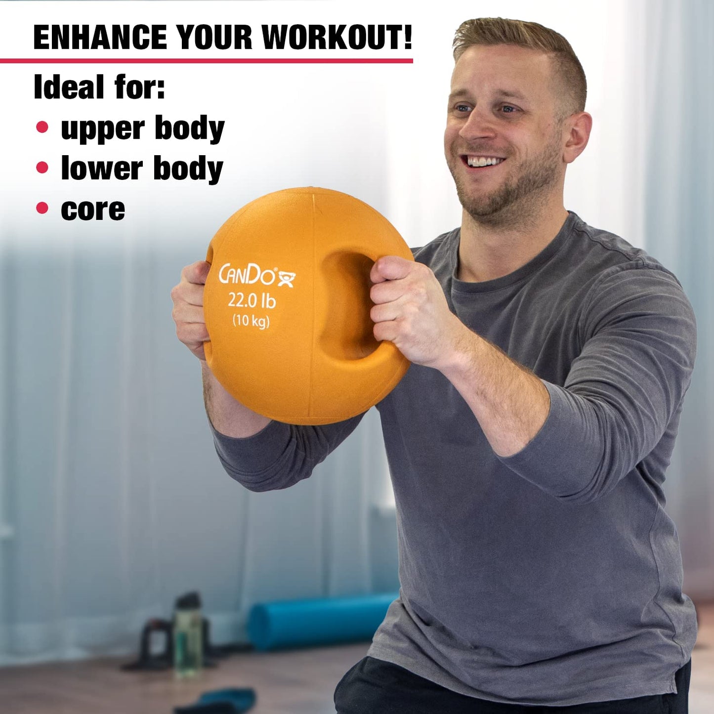 CanDo Molded Dual-Handle Medicine Ball for Strength Training, Core Workouts, Warmups, Cardio, and Plyometrics with Handles for Home and Clinic Use