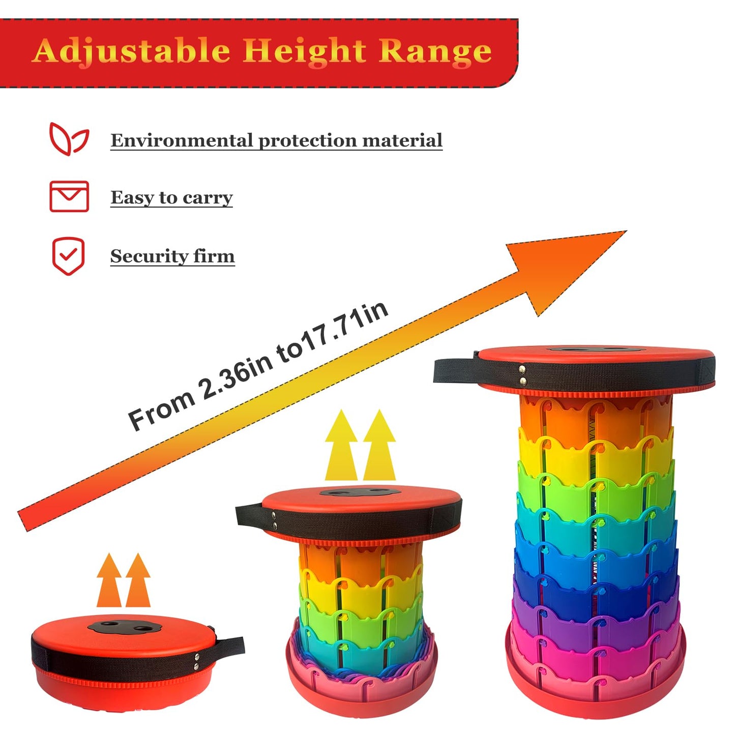 Jakuva Rainbow Travel Camping Stool, Retractable Portable Folding Stool,Collapsible Telescoping Stool with Max Load 360lbs for Adults for Indoor Outdoor Hiking Gardening
