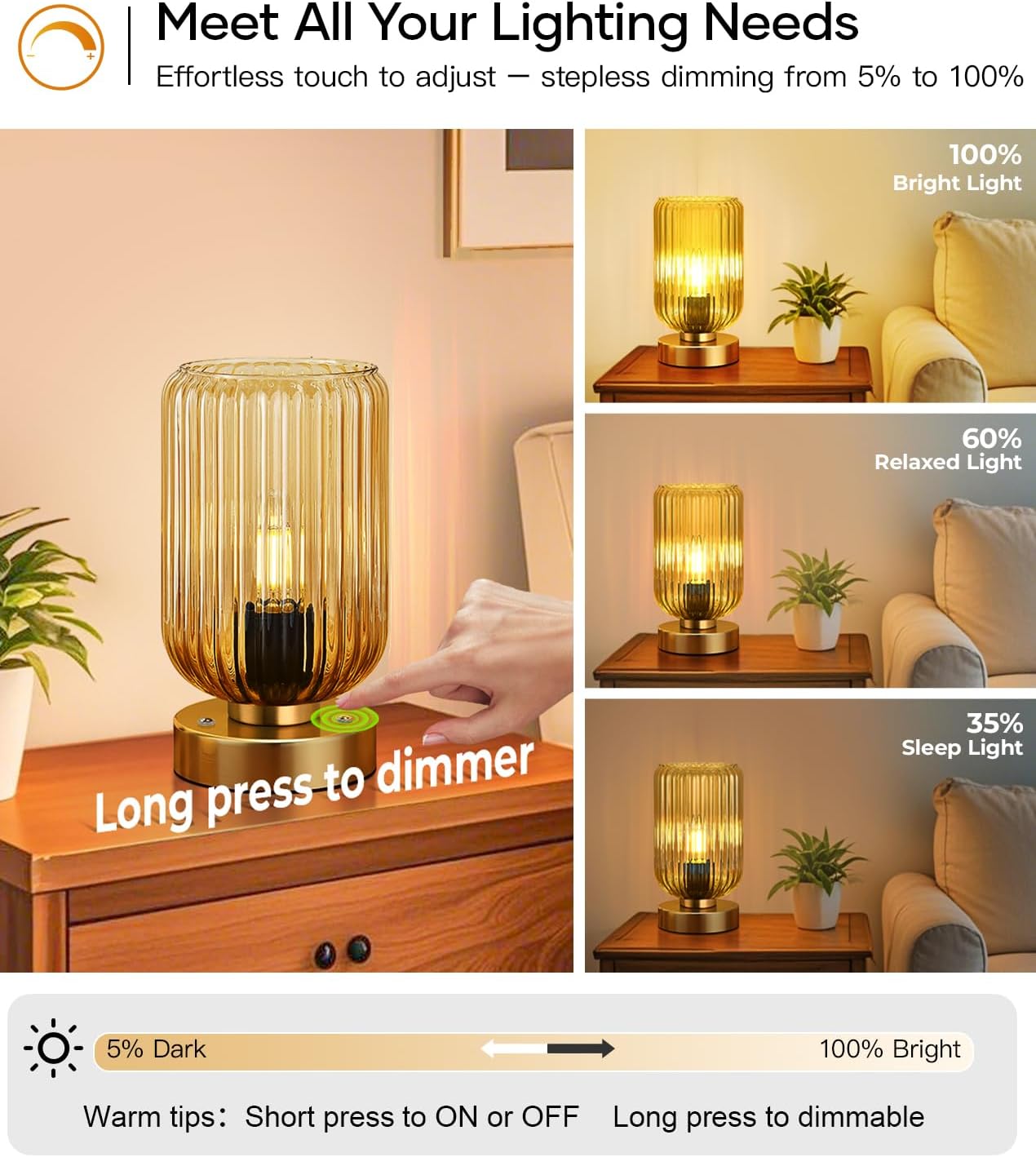 Touch Table Lamp for Nightstand - Small Bedside Lamps for Night Stands Bedroom Living Room, Dimmable Rechargeable Desk Lamp Battery Operated with Clear Glass Shade, Bulb Included