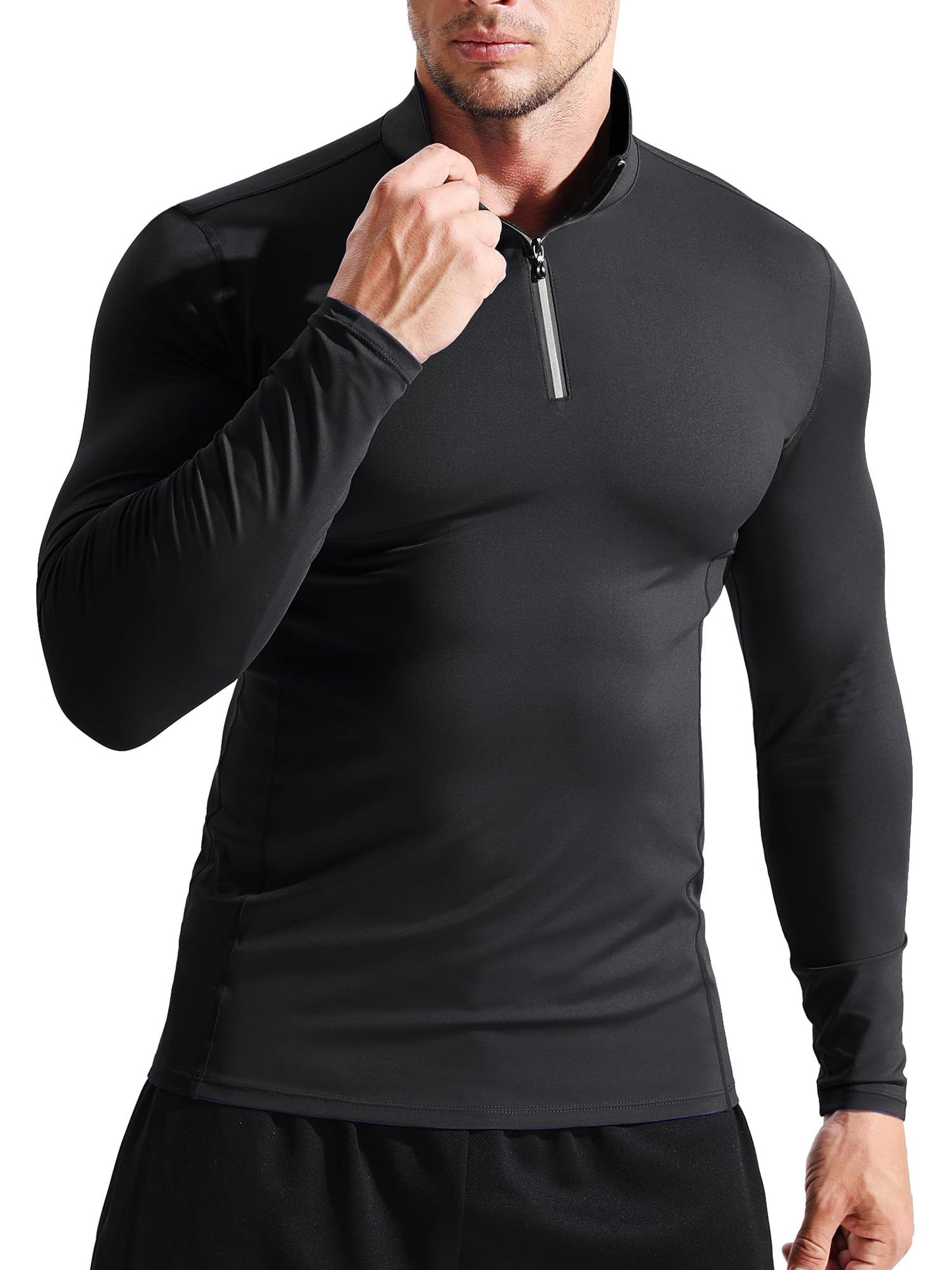 NELEUS Men's Compression Shirts 1/4 Zip Pullover Long Sleeved Running Shirts 3 Pack,5086,Black/Grey/White,L