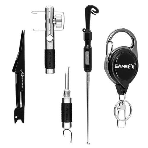 SAMSFX Fishing Stainless Steel Hook Tier, Knot Tying Tool, Loop Tyer, Hook Remover and Zinger Retractors Combo (Hook Tier with Black Grip)