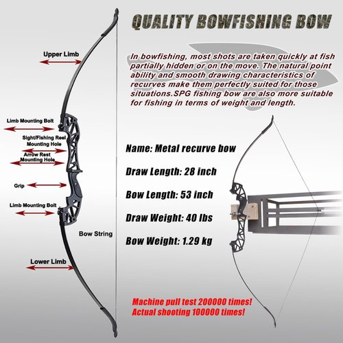 SPG Bow Fishing Bowfishing Kits - Archery 40 LBS Recurve Bow Kit with Durable Fishing Reel and Solid Fishing Arrows for Adult Hunting Shooting Fish
