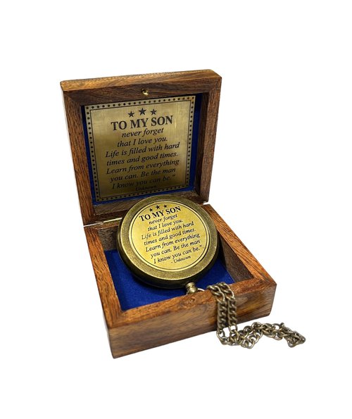 Handmade Brass Engraved Compass on Chain with Wooden Box, Vintage Style Nautical Compass with Intricate Engraving, 2.25 Inches in Diameter
