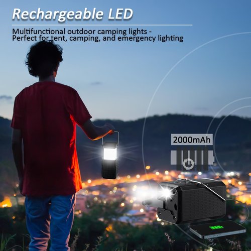 Camping Lantern Rechargeable, Hand Crank & Solar Camping Lights with USB Output, Tent Lights for Camping, Portable Camp Lamp, Camping Hurricane Home Power Failure Essentials (Black, 1 Pack)