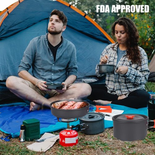 yoyomax 14pcs Camping Cookware Mess Kit, Non-Stick Lightweight Pots Set Stainless Steel Portable Outdoor Cookware for Camping Backpacking Hiking Outdoor Cooking and Picnic - Camp Accessories Equipment