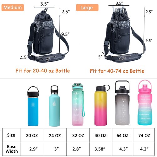 SPORJET Water Bottle Holder with Strap 64oz Water Bottle Carrier Bag with Phone Pocket - Crossbody Water Bottle Bag - Water Bottle Pouch for gallon water bottle, Medium, Black