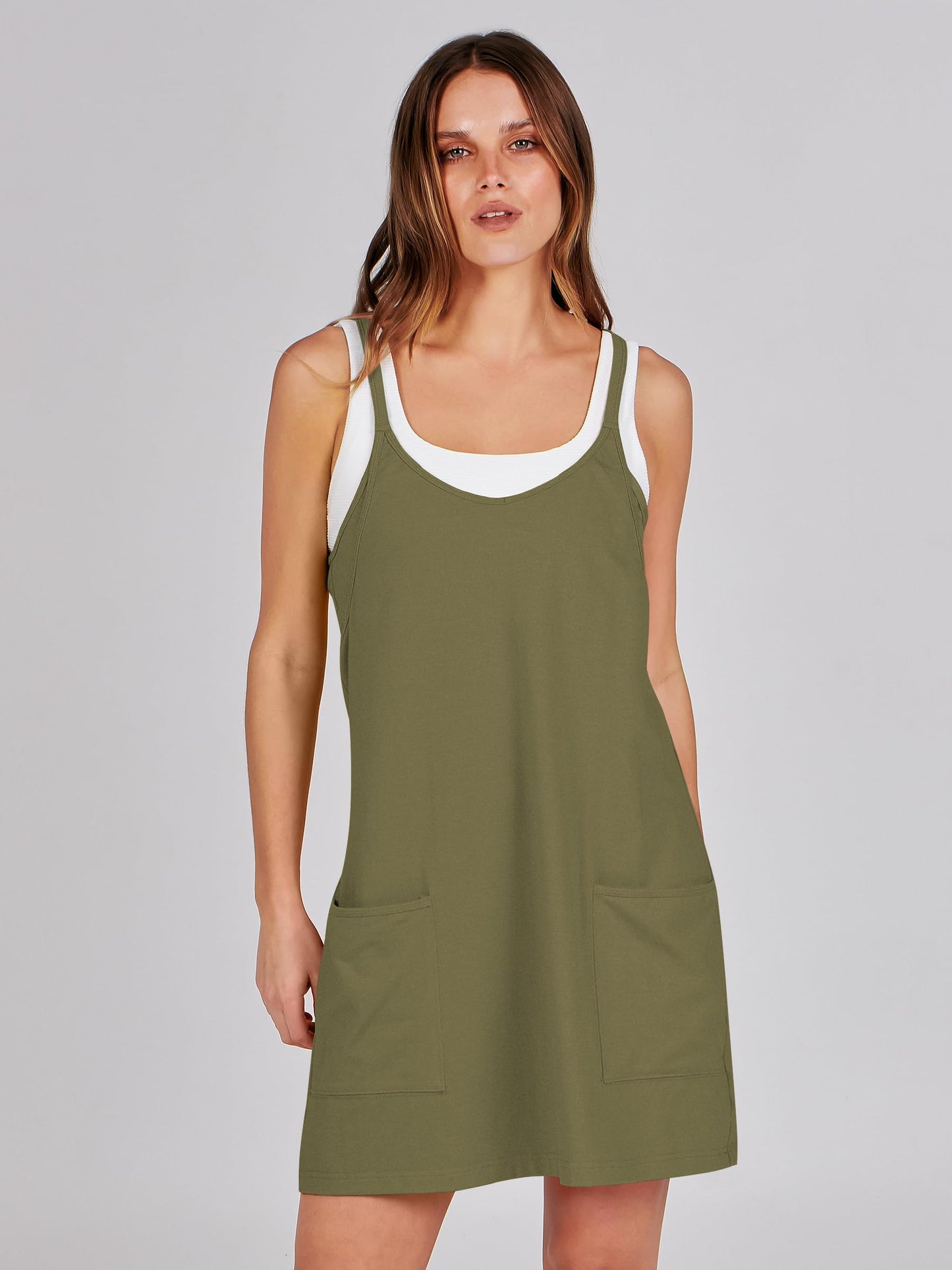 ANRABESS Women Athletic Dress Summer Tennis Workout Active Sports Mini Romper Dress Built in Shorts Travel Vacation Clothes Army Green Large