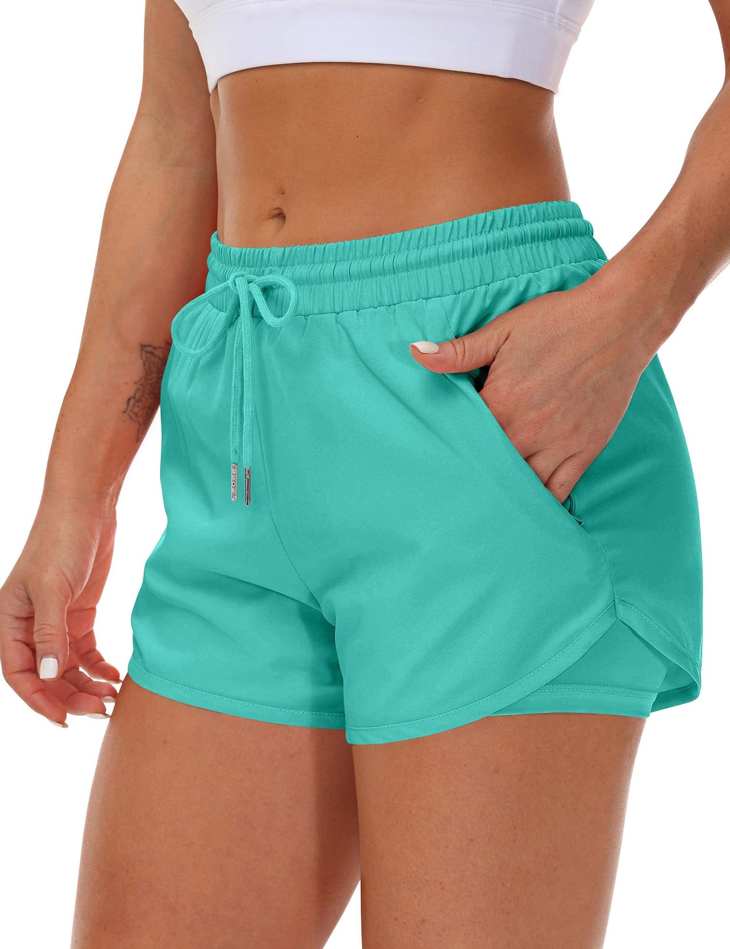 Mancreda Women's Running Shorts with Liner 3 Zipper Pockets Elastic Workout Athletic Gym Yoga Shorts(LGR,XL) Light Green
