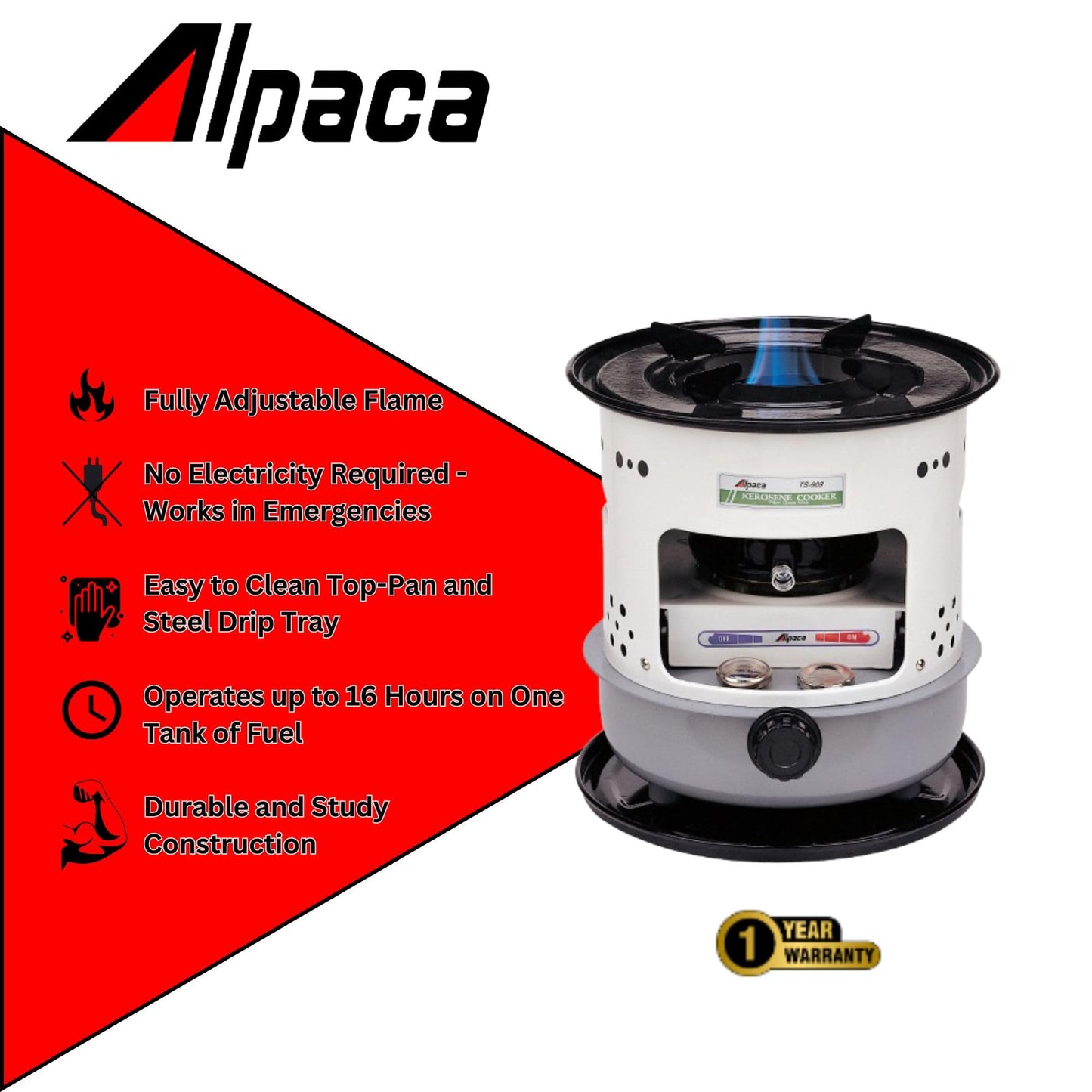 Alpaca Kerosene Cook Stove, 8,500 BTU, Steel Drip Tray, Carry Handles, Pot & Pan Supports - for Camping or Outdoor Cooking, Emergency Use