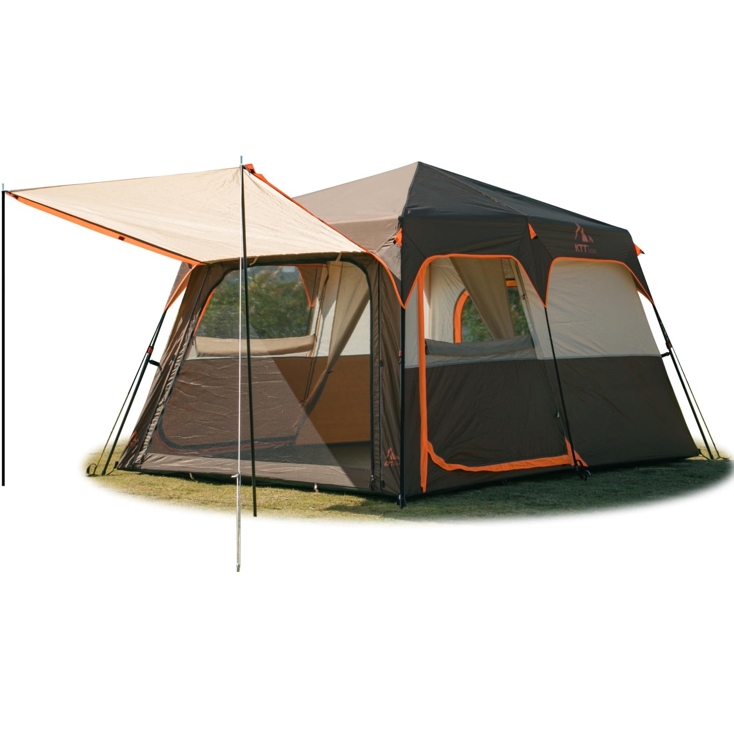 KTT Instant Tent 6 Person(B),Large Family Cabin Tents,Automatic Tent Build Quickly in 60S,2 Rooms,2 Top Windows,3 Doors and 3 Windows with Mesh,Waterproof,Big Tents for Outdoor,Picnic,Camping(Brown)