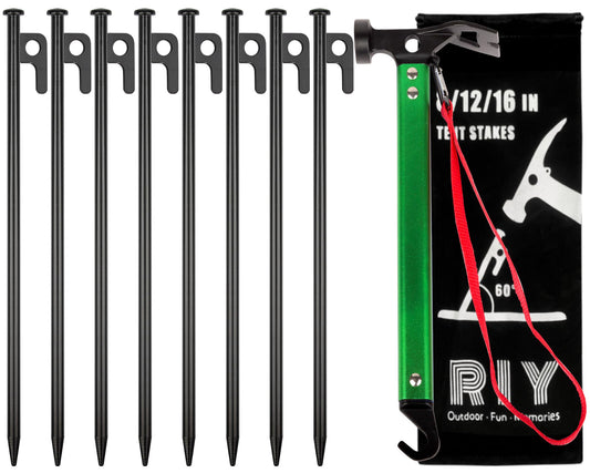 12'' 8pcs Tent Stakes and 12" Carbon Steel Aluminum Camping Hammer Green